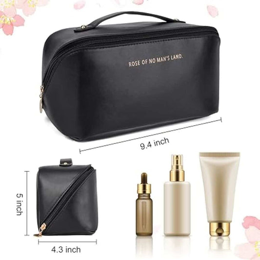 Large Capacity Travel Cosmetic Bag | Leather Material | Zipper Closure | Makeup & Toiletry Organizer