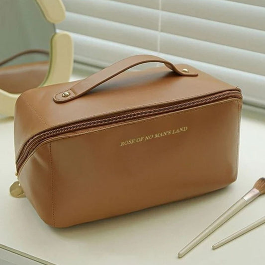 Large Capacity Travel Cosmetic Bag | Leather Material | Zipper Closure | Makeup & Toiletry Organizer